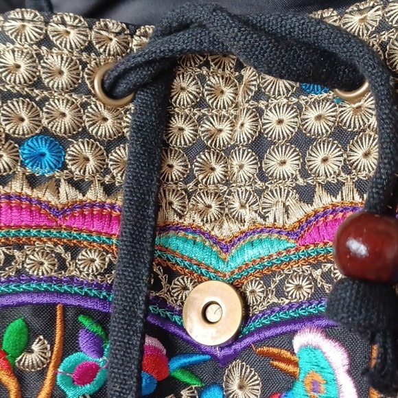 Embroidered Colorful Backpack Purse Black Sling Bird Floral Geometric, 9x11x5 main image 5
